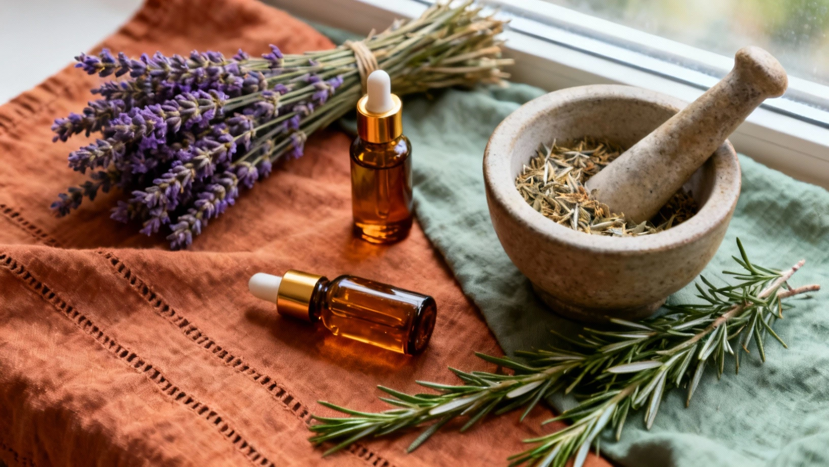 Huiles essentielles, herbes sechees et mortier sur lin naturel