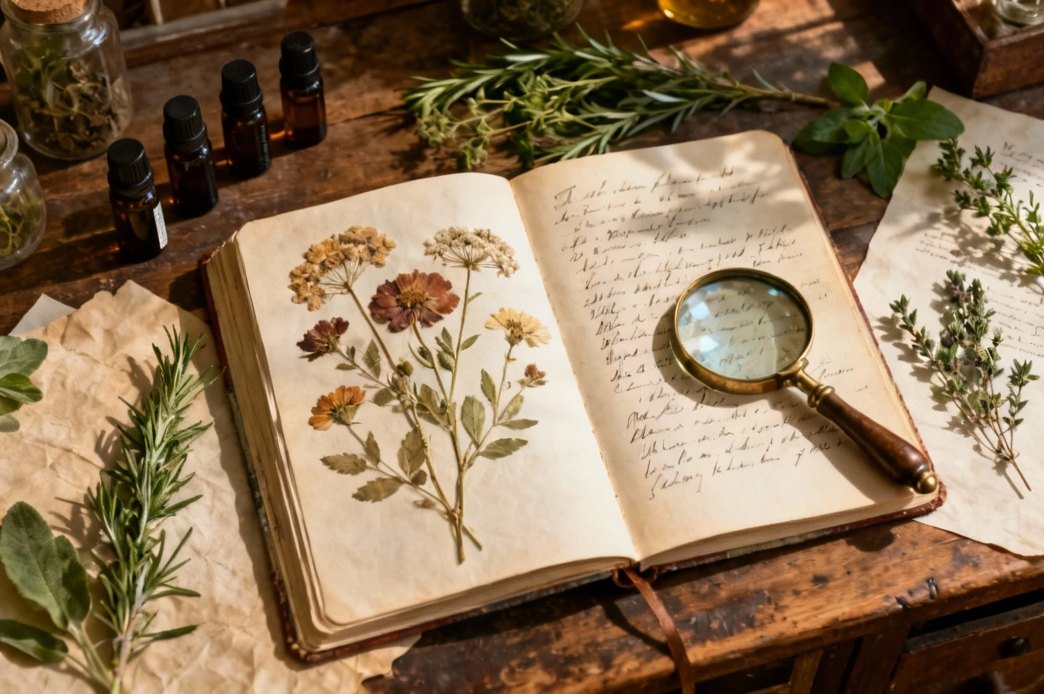 Carnet botanique avec fleurs s&eacute;ch&eacute;es et flacons