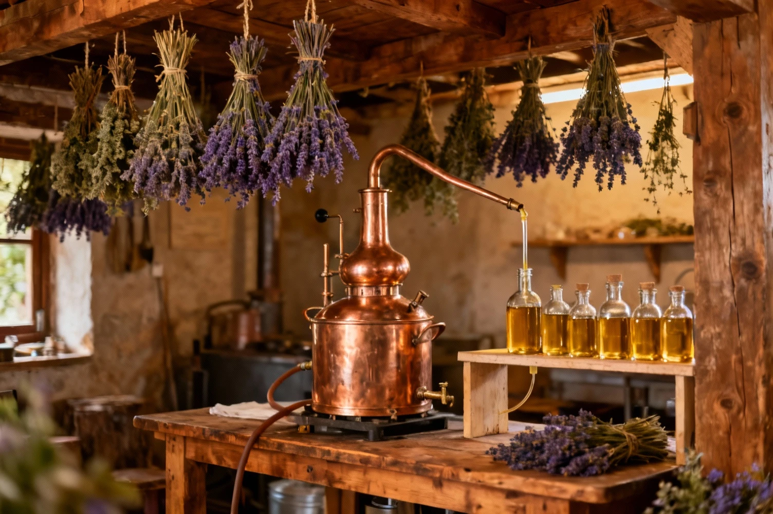 Distillation artisanale d'huiles essentielles dans un atelier
